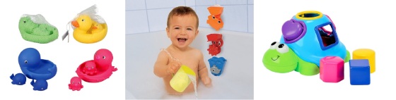 (l-r: Sea creatures set which make squeaking noises, Bath Play set with a pouring water function, Swimming Turtle Shape Sorter)